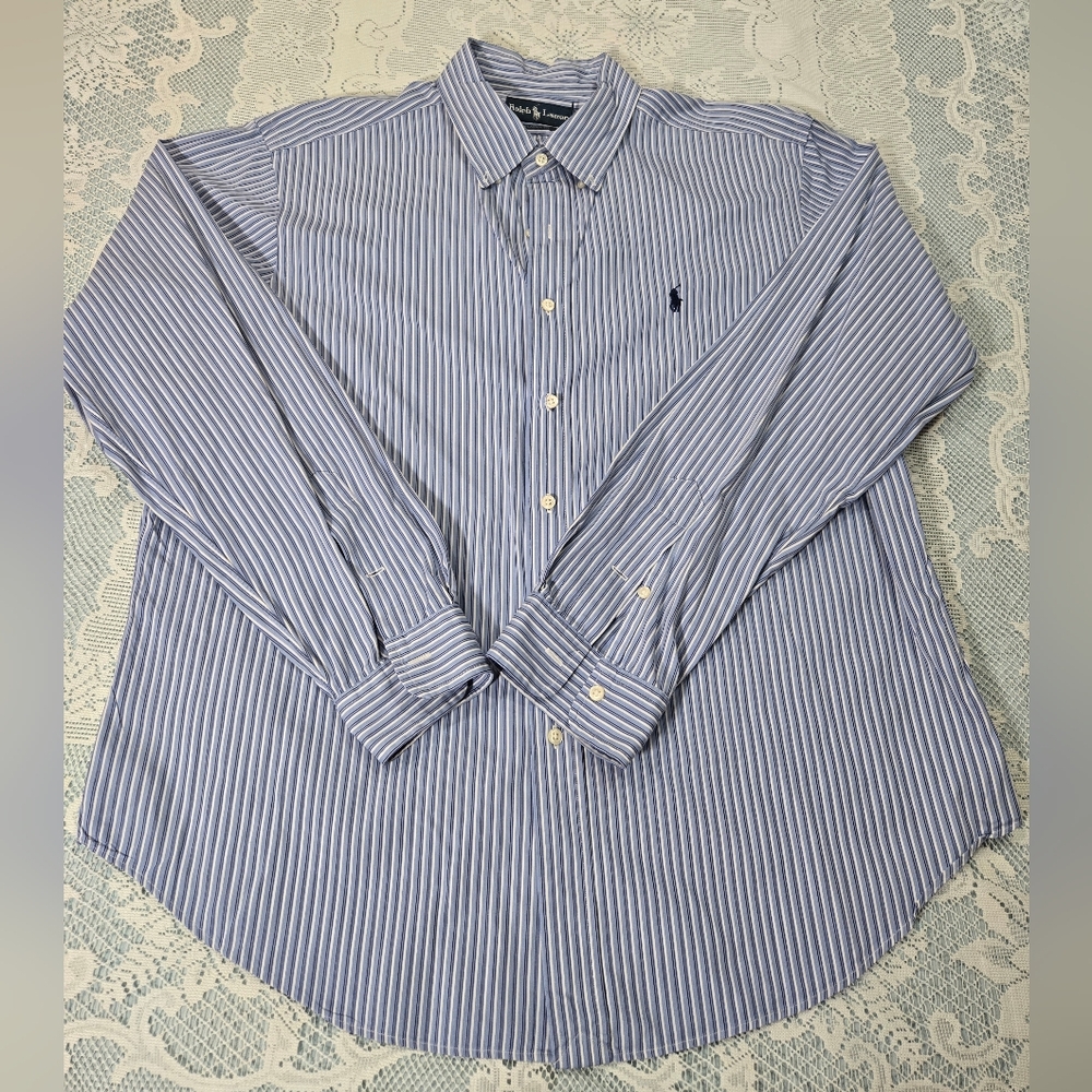 Ralph Lauren Blue and White Striped Dress Shirt Classic Fit Size XL 100% Cotton - Picture 2 of 13